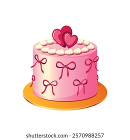 Bento cake decorated with bows and two hearts on top. Valentine's Day dessert. Cake as a gift. Vector illustration