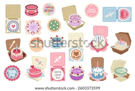 Bento cakes. Asian desserts, tea party, small sweets in boxes, sugar confectionery, fruits mini pastry, birthday treat, love declaration, cartoon flat style isolated tidy vector set