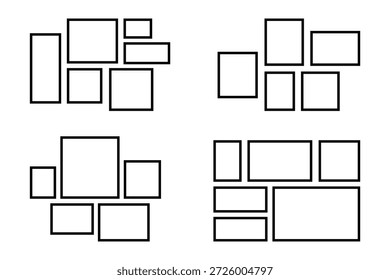 Bento grid abstract layouts with geometric tiles and sharp corners. Modern modular UI design panels. photo frames and digital photo wall template.