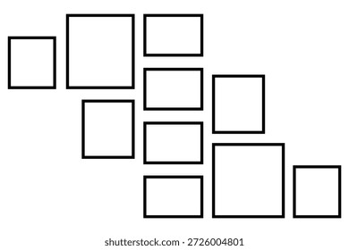 Bento grid abstract layouts with geometric tiles and sharp corners. Modern modular UI design panels. photo frames and digital photo wall template.