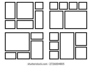 Bento grid abstract layouts with geometric tiles and sharp corners. Modern modular UI design panels. photo frames and digital photo wall template.