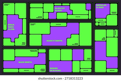 Plano de Fundo da Grade Bento Definido. Padrões de grade abstratos para design de banner, layout de página, apresentações e modelos de mídia social. Moderno Sistema de Bento Modular para Blocos Verticais, Horizontais e Quadrados.
