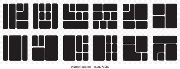 Bento Grid Design Templates for UI or UX and Web Layouts. Abstract Background with Liquid Bubble Shapes. Vector Meta ball Pattern Design. Bento Grid Geometric Collage On Transparent Background. EPS10.