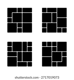 Bento grid eight distinct layout options with rounded corners, each offering a unique arrangement of rectangular and square shapes . eps 10