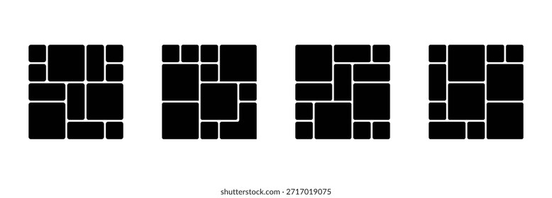 Bento grid eight distinct layout options with rounded corners, each offering a unique arrangement of rectangular and square shapes . eps 10