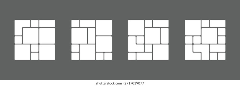 Bento grid eight distinct layout options with rounded corners, each offering a unique arrangement of rectangular and square shapes . eps 10
