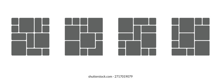 Bento grid eight distinct layout options with rounded corners, each offering a unique arrangement of rectangular and square shapes . eps 10