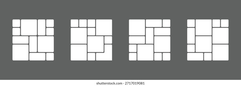 Bento grid eight distinct layout options with rounded corners, each offering a unique arrangement of rectangular and square shapes . eps 10