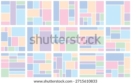 Bento grid featuring soft pastel colors from default palette. Clean arrangement with red, blue, and yellow solid modules.
