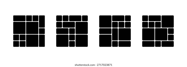 Bento grid cuatro opciones de diseño distintas con esquinas redondeadas, cada una ofreciendo una disposición única de Formas rectangulares y cuadradas. 