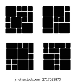 Bento grid four distinct layout options with rounded corners, each offering a unique arrangement of rectangular and square shapes . 