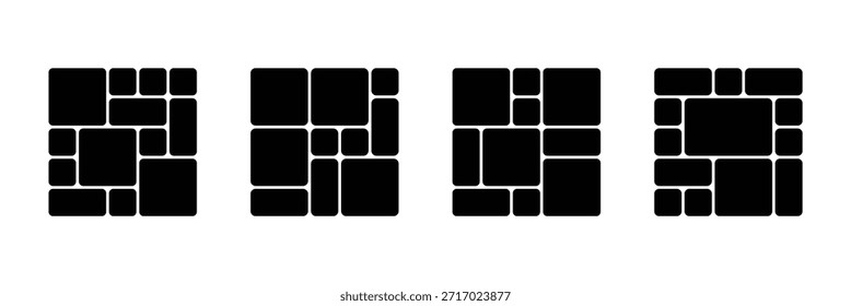 Bento grid cuatro opciones de diseño distintas con esquinas redondeadas, cada una ofreciendo una disposición única de Formas rectangulares y cuadradas. 