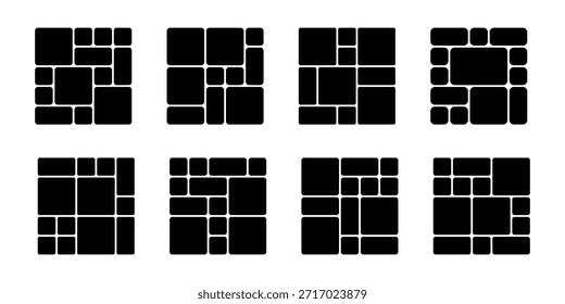 Bento grid four distinct layout options with rounded corners, each offering a unique arrangement of rectangular and square shapes . 