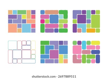 Patrones geométricos abstractos de diseño de cuadrícula de Bento con rectángulos y cuadrados coloridos en un diseño de cuadrícula, aislados sobre fondo blanco