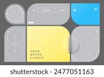 Bento grid layout with modern graphic design elements in gray color on dark background. Blue and yellow shapes template trend bg. Glasmorphism circle buttons. Swiss design pattern. Vector illustration