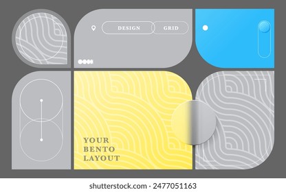 Bento grid layout with modern graphic design elements in gray color on dark background. Blue and yellow shapes template trend bg. Glasmorphism circle buttons. Swiss design pattern. Vector illustration