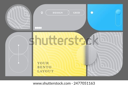 Bento grid layout with modern graphic design elements in gray color on dark background. Blue and yellow shapes template trend bg. Glasmorphism circle buttons. Swiss design pattern. Vector illustration