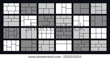 Bento grid layouts. Geometric tiles pattern, trendy frames arrangements and presentation layout templates. Tiling blocks for social media posts, web comics and photo frames vector set.