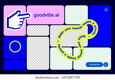 Bento grid web layout with trendy Y2k elements. Trending bento brick Ui UX template. Web comics grids, various panel arrangements and different size tiles vector set. Pixels Y2k retro playful sticker