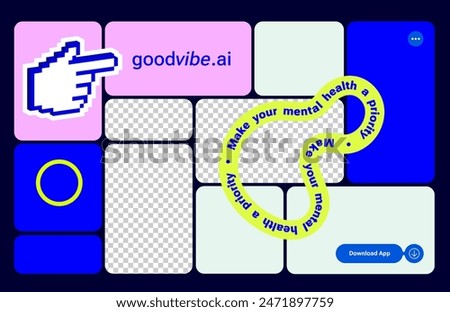 Bento grid web layout with trendy Y2k elements. Trending bento brick Ui UX template. Web comics grids, various panel arrangements and different size tiles vector set. Pixels Y2k retro playful sticker