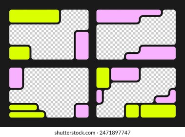 Diseño de Web de rejilla Bento con y2k y Formas brutales. Trending Plantilla UX de brick de bento Ui. Cuadrículas de cómics de Web, diversos arreglos de paneles y diferentes tamaños de azulejos conjunto de Vector. Formas líquidas