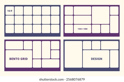 Bento grid for web, presentation. Trendy first screen for website. Graphic dashboard for presentation template. Admin statistical software, web interface vector template. Futuristic Bento style. 16x9 