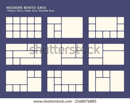 Bento grid for web, presentation. Trendy first screen for website. Graphic dashboard for presentation template. Admin statistical software, web interface vector template. Futuristic style 1180 x 700