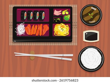 Bento Japanese Food Top View. Editable Clip Art.