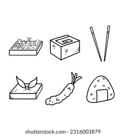 Bento or lunchbox outline only vector icon set collection isolated on square white background. Simple flat minimalist cartoon art styled food drawing. Yummy food icon.