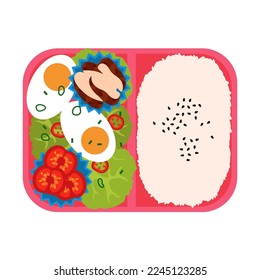 Bento con arroz, huevos, carne y tomates. Plato japonés para llevar.