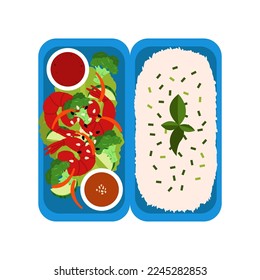 Bento with rice, salad, shrimps and sauces. Japanese take-out dish.