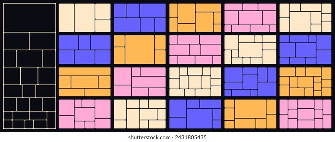 Bento style layout grid templates. Web comics grids, various panel arrangements and different size tiles vector set