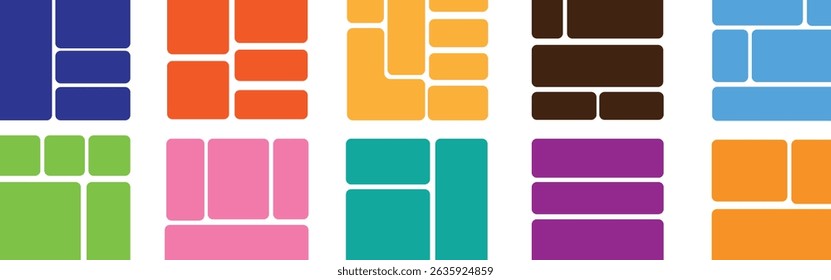 Bento style layout grid templates. bento box photo frame collage layout. Light mood board mockup horizontal banner. Colorful trendy geometric brick layout collection. Pictures collages with trendy
