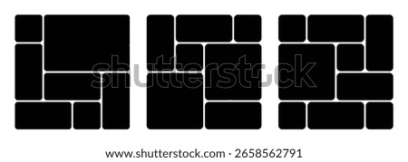 Bento style layout grid templates. Abstract Modern Shapes. Web comics grids, various panel arrangements and different size tiles vector set