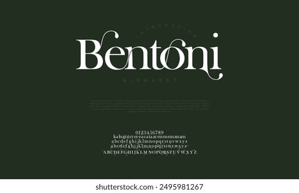 Bentoni swash letras elegantes de lujo del alfabeto y números. Antiguas tipografía de boda clásica serif fuente decorativa vintage retro. Ilustración vectorial creativa