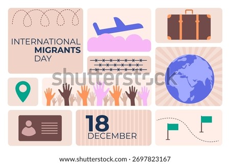 Bento-style vector illustration for International Migrants Day with raised hands, globe, suitcase, airplane, and symbols of migration, unity, and human rights.