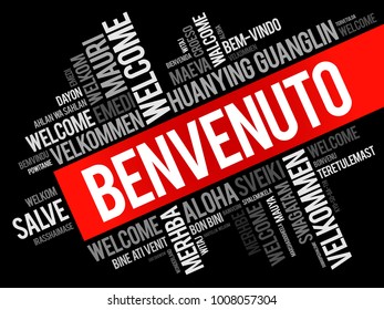 Benvenuto (Welcome in Italian) word cloud in different languages, conceptual background