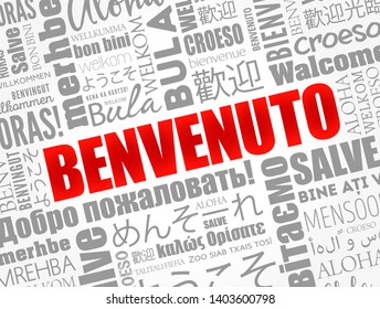 Benvenuto (Welcome in Italian) word cloud in different languages, conceptual background