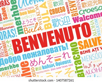 Benvenuto (Welcome in Italian) word cloud in different languages, conceptual background