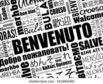 Benvenuto (Welcome in Italian) word cloud in different languages, conceptual background