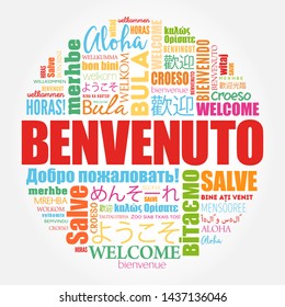 Benvenuto (Welcome in Italian) word cloud in different languages, conceptual background