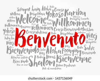 Benvenuto (Welcome in Italian) word cloud in different languages, conceptual background