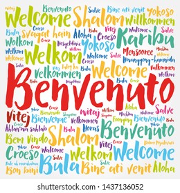 Benvenuto (Welcome in Italian) word cloud in different languages, conceptual background