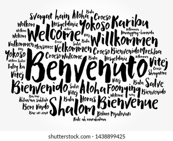 Benvenuto (Welcome in Italian) word cloud in different languages, conceptual background