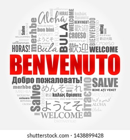 Benvenuto (Welcome in Italian) word cloud in different languages, conceptual background