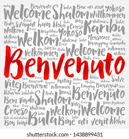 Benvenuto (Welcome in Italian) word cloud in different languages, conceptual background