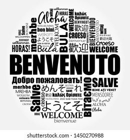 Benvenuto (Welcome in Italian) word cloud in different languages, conceptual background