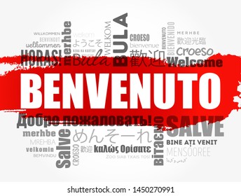 Benvenuto (Welcome in Italian) word cloud in different languages, conceptual background