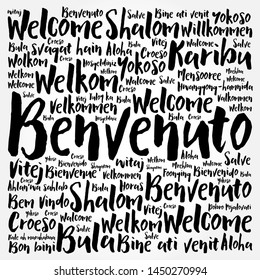 Benvenuto (Welcome in Italian) word cloud in different languages, conceptual background