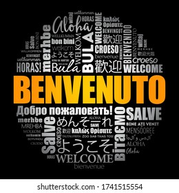 Benvenuto (Bienvenido en italiano) nube de palabras en diferentes idiomas, fondo conceptual